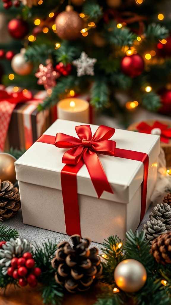 A decorated Christmas gift box with a ribbon, surrounded by festive decorations.